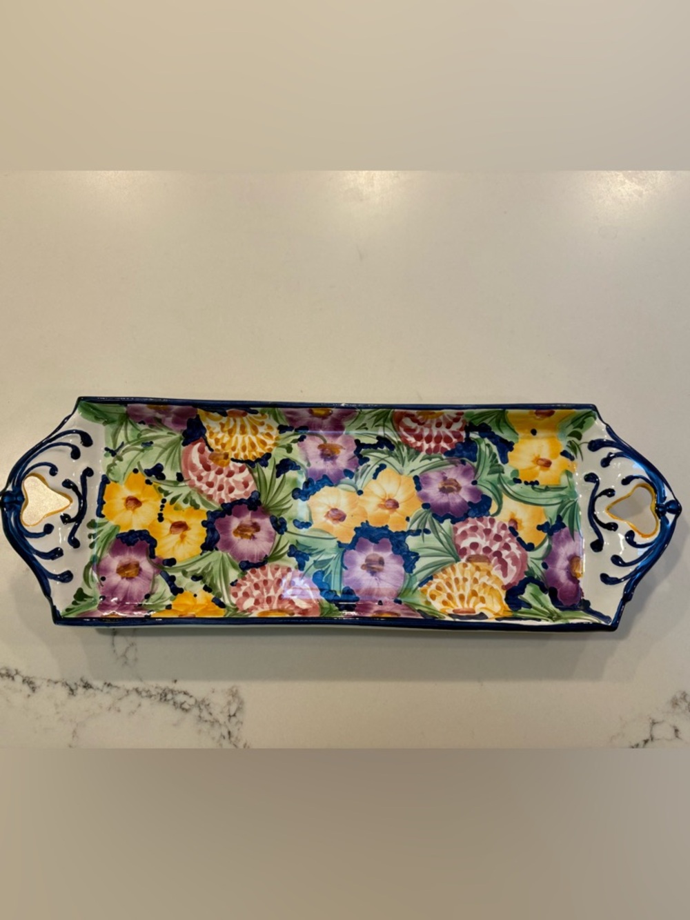 Read - VTG Made in Portugal Hand Painted Ceramic Serving Tray 16.5” x 5.75”